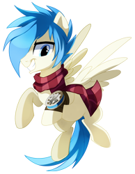 Size: 762x984 | Tagged: safe, artist:pepooni, imported from derpibooru, oc, oc only, oc:kaylen threadspinner, pegasus, pony, clothes, compass, flying, male, scarf, solo, stallion