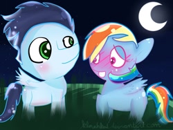 Size: 1032x774 | Tagged: safe, artist:klovahkat, imported from derpibooru, rainbow dash, soarin', blushing, chibi, female, male, shipping, soarindash, straight