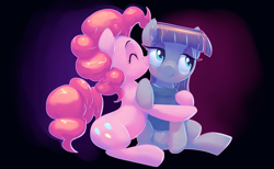 Size: 1920x1179 | Tagged: safe, artist:gsphere, imported from derpibooru, maud pie, pinkie pie, earth pony, pony, blushing, clothes, cute, diapinkes, embarrassed, eyes closed, female, hug, mare, maudabetes, nose wrinkle, scrunchy face, sisters, smiling, when she smiles