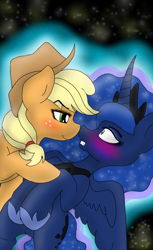 Size: 1024x1678 | Tagged: safe, artist:saphi-boo, imported from derpibooru, applejack, princess luna, blushing, boop, female, lesbian, lunajack, noseboop, shipping, smiling