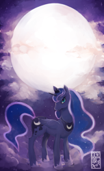 Size: 600x990 | Tagged: safe, artist:octogear, imported from derpibooru, princess luna, cloud, cloudy, female, moon, smiling, solo, stars