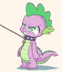 Size: 600x694 | Tagged: dead source, safe, artist:semi-kon, artist:susu, imported from derpibooru, spike, dragon, collar, dog collar, dragon dog spike, heart, leash, male, namesake, pet, pet tag, pun, slit pupils, solo, spike is not amused, spiked collar, standing, unamused, visual pun