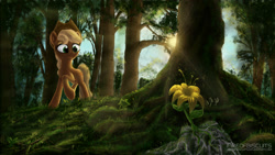 Size: 2560x1440 | Tagged: safe, artist:eriadu, imported from derpibooru, applejack, female, flower, forest, raised hoof, scenery, solo