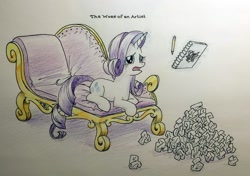 Size: 1462x1030 | Tagged: safe, artist:yo-yall, imported from derpibooru, rarity, pony, unicorn, crying, fainting couch, female, levitation, magic, mare, paper, prone, sketchbook, telekinesis, text, traditional art