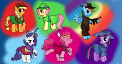 Size: 3416x1800 | Tagged: safe, artist:apple-707, imported from derpibooru, applejack, fluttershy, pinkie pie, rainbow dash, rarity, twilight sparkle, pony, bipedal, clothes, dress, fashion, feather, flapper, gun, hat, mane six, weapon