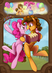 Size: 1024x1448 | Tagged: safe, artist:elbdot, imported from derpibooru, boneless, cheese sandwich, gummy, pinkie pie, earth pony, pony, pinkie pride, season 4, accordion, balloon, cheesepie, colt, confetti, cute, dancing, diacheeses, diapinkes, female, filly, filly pinkie pie, foal, glasses, grin, looking at each other, looking at someone, male, mare, musical instrument, open mouth, open smile, raised hoof, rubber chicken, shipping, signature, smiling, stallion, straight, tree, underhoof, younger