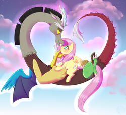 Size: 1700x1554 | Tagged: safe, artist:meb90, imported from derpibooru, discord, fluttershy, discoshy, female, male, pink cloud, shipping, sky, straight