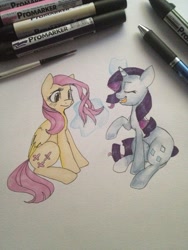 Size: 1024x1365 | Tagged: safe, artist:rflzqt, imported from derpibooru, fluttershy, rarity, pegasus, pony, unicorn, duo, female, mare, marker, marker drawing, simple background, traditional art, white background