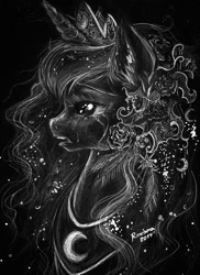 Size: 600x826 | Tagged: safe, artist:arnne, imported from derpibooru, princess luna, alicorn, pony, bust, crying, featured image, female, fluffy, frown, monochrome, open mouth, portrait, profile, sad, solo, traditional art
