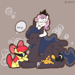Size: 1200x1200 | Tagged: safe, artist:gmrqor, imported from derpibooru, apple bloom, princess luna, scootaloo, sweetie belle, cutie mark crusaders, dialogue