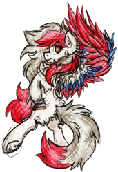 Size: 1064x1556 | Tagged: safe, artist:iroxykun, imported from derpibooru, oc, oc only, oc:wolfstorm, pegasus, pony, art trade, colored wings, female, mare, multicolored wings, rainbow eyes, wings