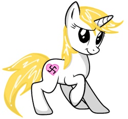 Size: 604x560 | Tagged: safe, artist:anonymous, imported from derpibooru, oc, oc only, oc:aryanne, pony, unicorn, alternate design, blonde, female, heart, nazi, race swap, solo, swastika