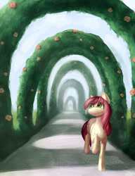 Size: 1917x2493 | Tagged: safe, artist:shedence, imported from derpibooru, roseluck, earth pony, pony, :3, arch, female, mare, raised hoof, solo, walking