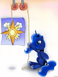 Size: 1100x1466 | Tagged: safe, artist:milanoss, imported from derpibooru, princess luna, female, flag, pulley, rope, sitting, solo