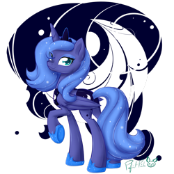 Size: 1600x1600 | Tagged: safe, artist:piichu-pi, imported from derpibooru, princess luna, alicorn, pony, :3, eye clipping through hair, female, looking at you, looking back, looking back at you, mare, one hoof raised, raised hoof, s1 luna, smiling, solo