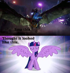 Size: 563x590 | Tagged: safe, edit, edited screencap, imported from derpibooru, screencap, twilight sparkle, alicorn, pony, magical mystery cure, 2013, comparison, eyes closed, female, image macro, mare, meme, otachi, pacific rim, spread wings, twilight sparkle (alicorn)