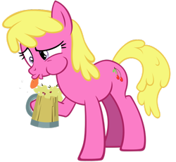 Size: 900x829 | Tagged: safe, artist:ohitison, imported from derpibooru, cherry berry, earth pony, pony, season 2, the super speedy cider squeezy 6000, beer stein, cider, female, simple background, solo, tongue out, transparent background, vector