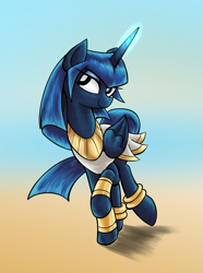 Size: 1025x1380 | Tagged: dead source, safe, artist:lovelyneckbeard, imported from derpibooru, princess luna, alternate hairstyle, anklet, bedroom eyes, bracelet, clothes, cute, egyptian, egyptian pony, female, glowing horn, magic, raised hoof, raised leg, smiling, solo