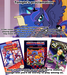 Size: 1021x1149 | Tagged: safe, imported from derpibooru, princess luna, battletoads, ghost and goblins, luna's proclamation, mega man (series), megaman, nintendo entertainment system, this will end in tears