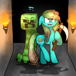 Size: 3200x3200 | Tagged: safe, artist:miningcazzy, derpibooru exclusive, imported from derpibooru, oc, oc only, earth pony, pony, cave, creeper, crossover, minecraft, pickaxe