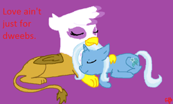 Size: 837x503 | Tagged: safe, artist:fifthcru5ader, imported from derpibooru, gilda, trixie, griffon, pony, unicorn, female, glixie, lesbian, purple background, shipping, simple background, sleeping