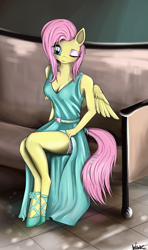 Size: 933x1574 | Tagged: dead source, safe, artist:oneofyouare, imported from derpibooru, fluttershy, anthro, unguligrade anthro, cleavage, clothes, dress, female, solo