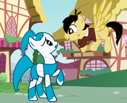 Size: 1053x857 | Tagged: artist needed, safe, imported from derpibooru, robot, crossover, flying, jenny wakeman, my life as a teenage robot, ponified, ponyville, sheldon lee