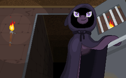 Size: 320x200 | Tagged: safe, artist:herooftime1000, imported from derpibooru, oc, oc only, pony, octavia in the underworld's cello, basement, cutscene, dungeon, fan game, haunted, haunted house, hooded cape