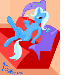 Size: 692x808 | Tagged: safe, artist:tozinkai, imported from derpibooru, trixie, pony, semi-anthro, alcohol, couch, female, solo