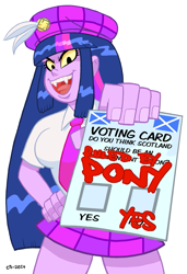 Size: 615x900 | Tagged: safe, artist:curtsibling, imported from derpibooru, twilight sparkle, equestria girls, ballot, beret, clothes, evil grin, fangs, feather, hat, nazi, necktie, open mouth, plaid, politics, scotland, scottish independence, short sleeves, skirt, swastika, tartan, thighs, tongue out, yellow sclera