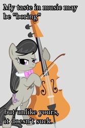 Size: 640x960 | Tagged: safe, imported from derpibooru, octavia melody, cello, classical, classy, female, looking at you, meta, mouthpiece, music, musical instrument, reaction image, solo, unimpressed