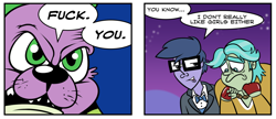 Size: 1024x442 | Tagged: safe, artist:catfood-mcfly, imported from derpibooru, brawly beats, microchips, spike, dog, equestria girls, equestria girls (movie), background human, fuck you, implied gay, incestria girls, spike the dog, tumblr comic, vulgar
