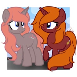 Size: 960x960 | Tagged: safe, artist:inkieblot, imported from derpibooru, oc, oc only, oc:rockshire, oc:threadbare, pony, unicorn, confused, cute, duo female, eye contact, female, frown, looking at each other, mother and daughter, raised hoof