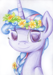 Size: 2464x3504 | Tagged: safe, artist:baldmoose, imported from derpibooru, twilight sparkle, alicorn, pony, alternate hairstyle, braid, female, floral head wreath, flower, flower in hair, mare, solo, traditional art, twilight sparkle (alicorn)
