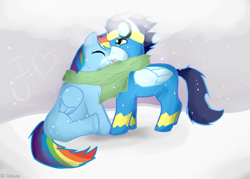 Size: 700x500 | Tagged: safe, artist:gilouw, imported from derpibooru, rainbow dash, soarin', clothes, cold, female, male, scarf, shared clothing, shared scarf, shipping, soarindash, straight, wonderbolts uniform