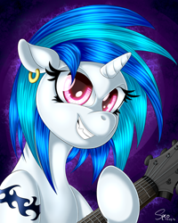 Size: 2000x2500 | Tagged: safe, artist:sycoartworks, imported from derpibooru, dj pon-3, vinyl scratch, earring, female, guitar, metal, solo, tattoo