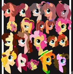 Size: 1712x1753 | Tagged: safe, artist:carranzis, imported from derpibooru, oc, oc only, oc:brownie, oc:cherry lucky chunga, oc:chim cherry, oc:chocolate fountain, oc:clementine marmalade, oc:cocoa cream, oc:cookie, oc:cream pie, oc:frosting sandwich, oc:fudge fondue, oc:funfetti doretti, oc:peach winnimere pie, oc:pizza pockets, oc:potato chip, oc:quiche, oc:rye pie, oc:shortcake, oc:silly string, oc:strawberry marscapone sandwich, pony, foal, offspring, parent:cheese sandwich, parent:pinkie pie, parents:cheesepie