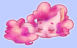 Size: 812x512 | Tagged: dead source, safe, artist:siukii, imported from derpibooru, pinkie pie, beanbrows, blue background, blushing, cute, diapinkes, ear fluff, eyebrows, eyes closed, female, simple background, sleeping, solo, sparkles