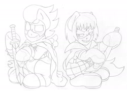 Size: 2116x1515 | Tagged: safe, artist:blackbewhite2k7, imported from derpibooru, rumble, back to back, batman, commission, crossover, damian wayne, hit-girl, kick-ass, parody, robin, sketch, sword, wip