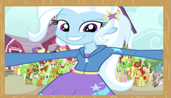 Size: 1255x720 | Tagged: safe, imported from derpibooru, spike, trixie, apple family reunion, equestria girls, rainbow rocks, family photo, photobomb, photobombing trixie, wrong aspect ratio
