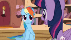 Size: 480x270 | Tagged: safe, imported from derpibooru, screencap, rainbow dash, twilight sparkle, alicorn, pony, testing testing 1-2-3, animated, female, gif, hungry, mare, sitting, stomach growl, twilight sparkle (alicorn), unamused