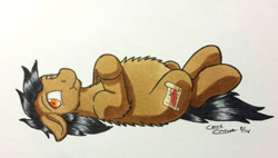 Size: 1433x813 | Tagged: safe, artist:couchcrusader, imported from derpibooru, oc, oc only, earth pony, pony, chubby, fluffy, male, on back, solo, stallion, traditional art