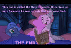 Size: 1078x739 | Tagged: safe, artist:jowyb, artist:jowybean, edit, imported from derpibooru, princess celestia, princess luna, book, celestia's bedtime story, filly, image macro, meme, something smells, spongebob squarepants, the ugly barnacle, woona