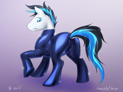 Size: 1200x900 | Tagged: safe, artist:equus, imported from derpibooru, oc, oc only, oc:heartful voice, earth pony, pony, blushing, clothes, dolce tikky, latex, male, skinsuit, stallion, suit, tight clothing