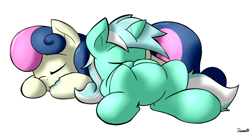 Size: 1500x800 | Tagged: safe, artist:ramott, imported from derpibooru, bon bon, lyra heartstrings, sweetie drops, earth pony, pony, unicorn, cute, drool, duo, eyes closed, on back, prone, simple background, sleeping, white background