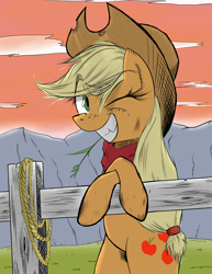 Size: 5100x6600 | Tagged: safe, artist:thethunderpony, imported from derpibooru, applejack, absurd resolution, cowboy hat, cowgirl, female, fence, grass, hat, mountain, rope, smiling, solo