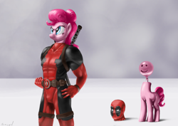 Size: 2123x1500 | Tagged: safe, artist:scayged, imported from derpibooru, pinkie pie, balloon, crossover, deadpool, detachable head, disembodied head, head swap, headless, headpool, marvel, modular, smiley face, wat