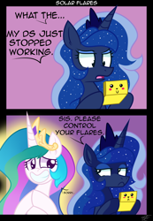 Size: 1200x1733 | Tagged: safe, artist:php92, imported from derpibooru, princess celestia, princess luna, pikachu, gamer luna, dialogue, nintendo, nintendo ds, pokémon