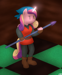 Size: 1000x1200 | Tagged: safe, artist:lamia, imported from derpibooru, princess cadance, anthro, cadence (crypt of the necrodancer), clothes, crypt of the necrodancer, explorer, female, pun, solo, spear, visual pun