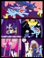 Size: 1024x1365 | Tagged: safe, artist:gatesmccloud, imported from derpibooru, prince blueblood, princess luna, rainbow dash, twilight sparkle, royal guard, the rightful heir